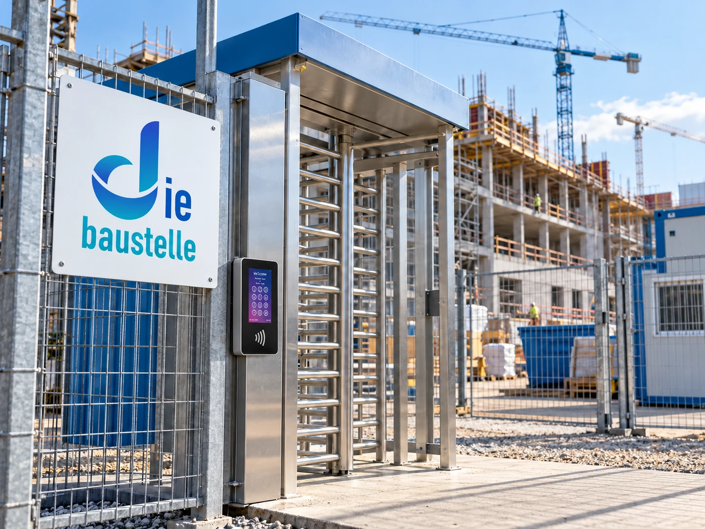 KI-generierte Baustellenszene mit Drehkreuz, RFID-Zutrittskontrolle und dem Logo die baustelle